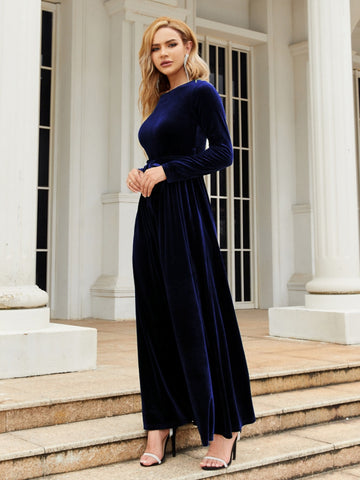 Tie Front Round Neck Long Sleeve Maxi Dress