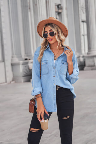 Collared Neck Dropped Shoulder Denim Top