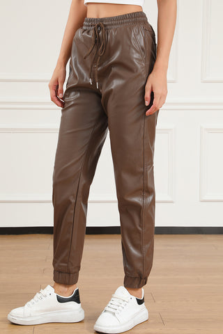 Drawstring PU Leather Pants