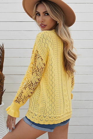 Openwork Lantern Sleeve Dropped Shoulder Sweater